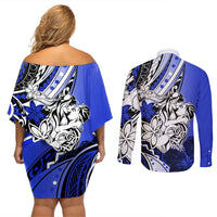 Polynesian Valentine Couples Matching Off Shoulder Short Dress and Long Sleeve Button Shirt Couple Floral Unique Blue Version LT01 - Polynesian Pride