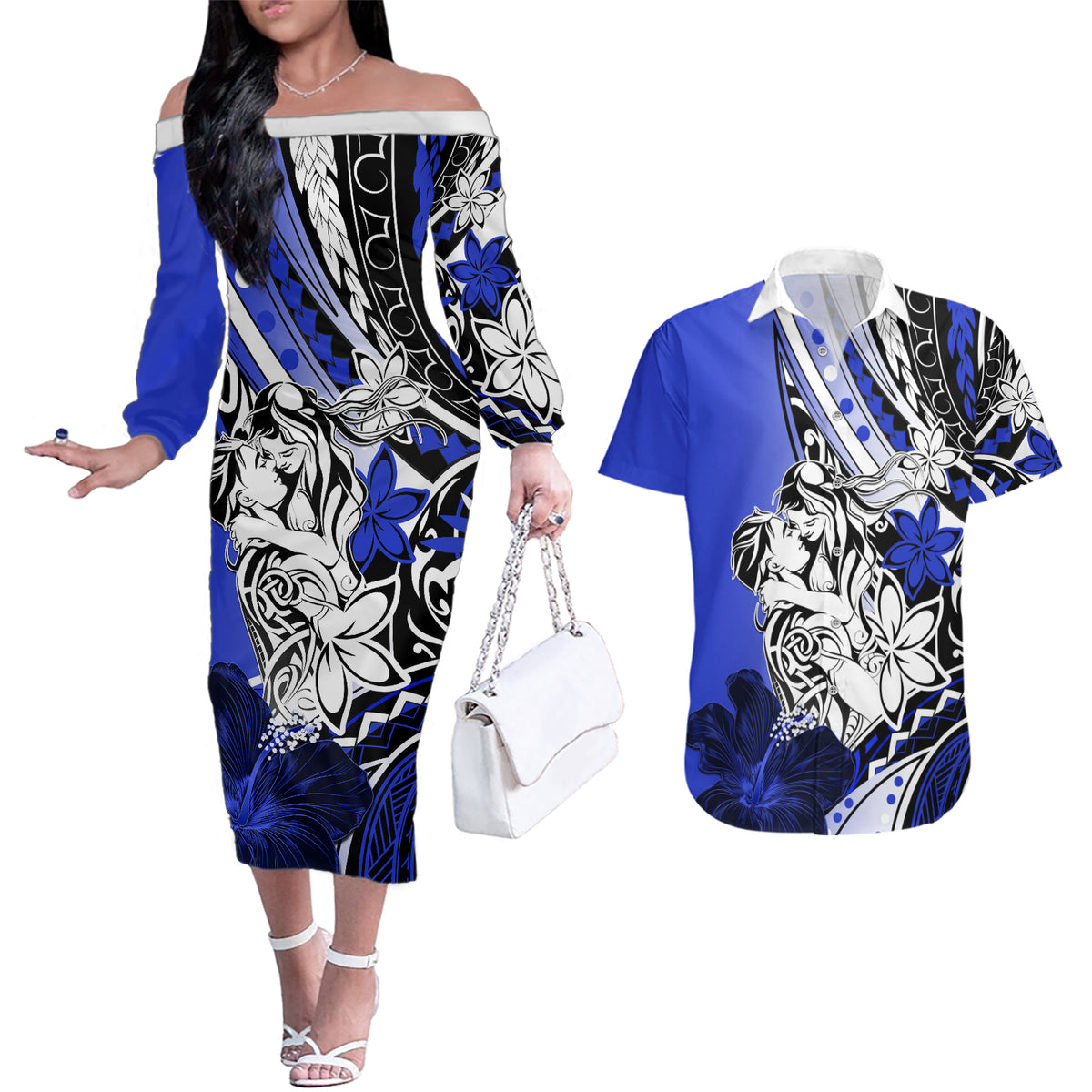 Polynesian Valentine Couples Matching Off The Shoulder Long Sleeve Dress and Hawaiian Shirt Couple Floral Unique Blue Version LT01 Blue - Polynesian Pride