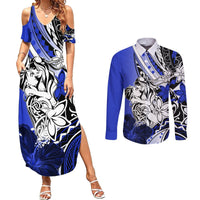 Polynesian Valentine Couples Matching Summer Maxi Dress and Long Sleeve Button Shirt Couple Floral Unique Blue Version LT01 Blue - Polynesian Pride