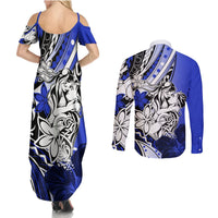 Polynesian Valentine Couples Matching Summer Maxi Dress and Long Sleeve Button Shirt Couple Floral Unique Blue Version LT01 - Polynesian Pride