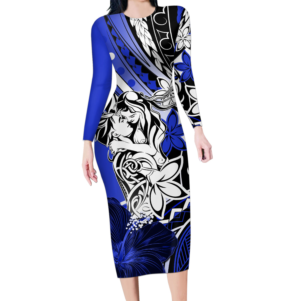 Polynesian Valentine Family Matching Long Sleeve Bodycon Dress and Hawaiian Shirt Couple Floral Unique Blue Version LT01 Mom's Dress Blue - Polynesian Pride