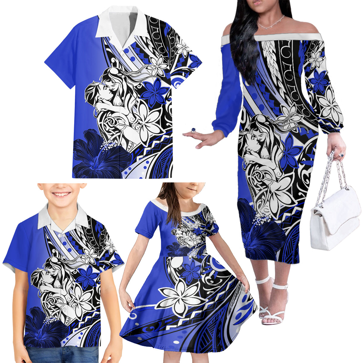 Polynesian Valentine Family Matching Off Shoulder Long Sleeve Dress and Hawaiian Shirt Couple Floral Unique Blue Version LT01 - Polynesian Pride