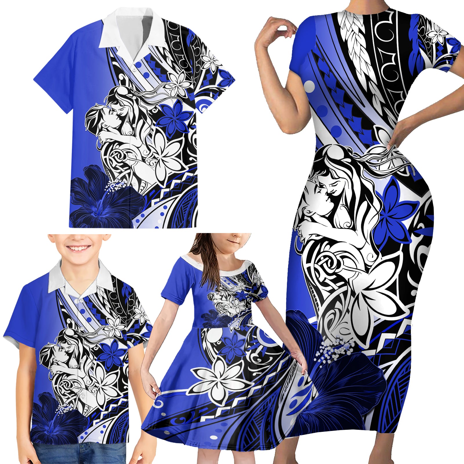 Polynesian Valentine Family Matching Short Sleeve Bodycon Dress and Hawaiian Shirt Couple Floral Unique Blue Version LT01 - Polynesian Pride