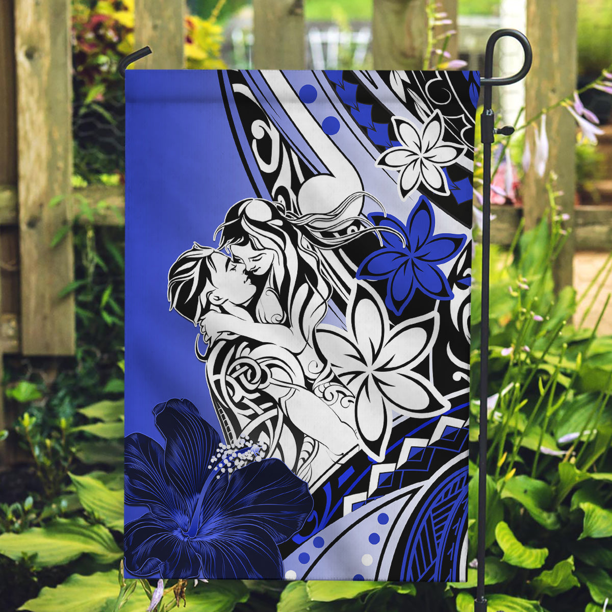 Polynesian Valentine Garden Flag Couple Floral Unique Blue Version LT01 Garden Flag Blue - Polynesian Pride