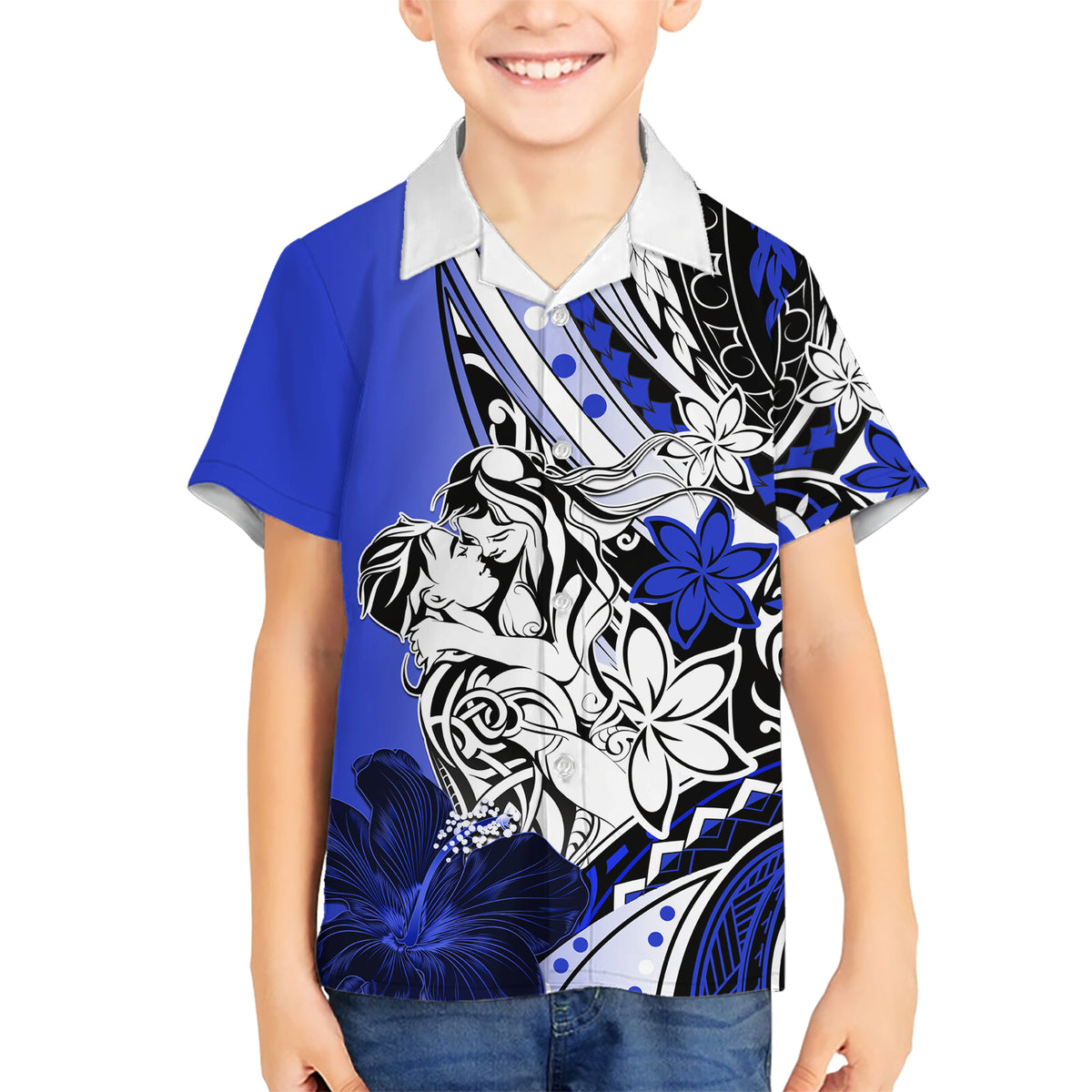 Polynesian Valentine Kid Hawaiian Shirt Couple Floral Unique Blue Version LT01 Kid Blue - Polynesian Pride