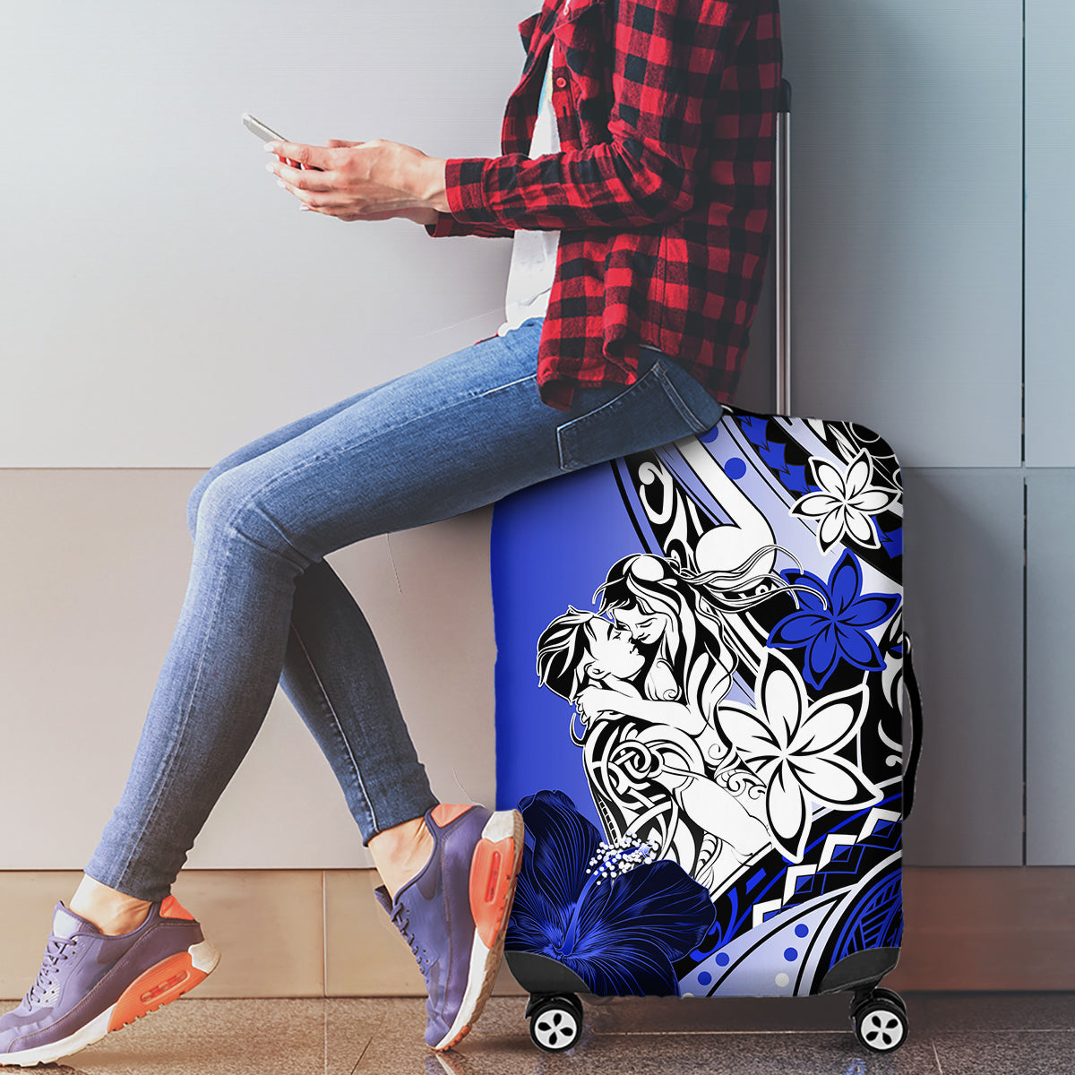 Polynesian Valentine Luggage Cover Couple Floral Unique Blue Version LT01 - Polynesian Pride