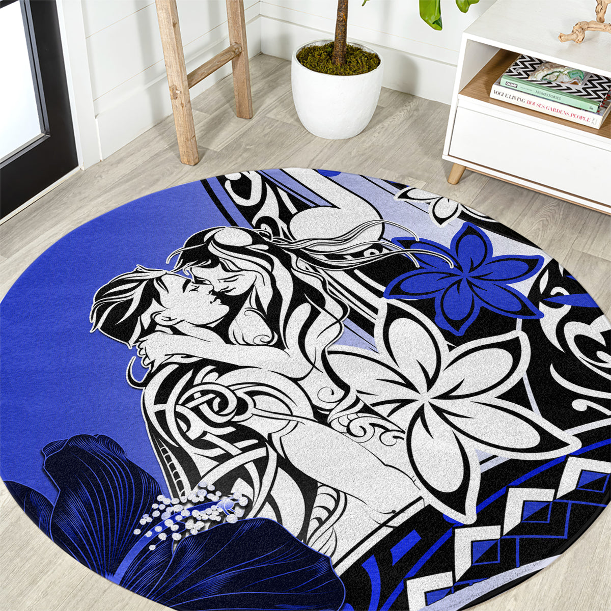 Polynesian Valentine Round Carpet Couple Floral Unique Blue Version LT01 Blue - Polynesian Pride