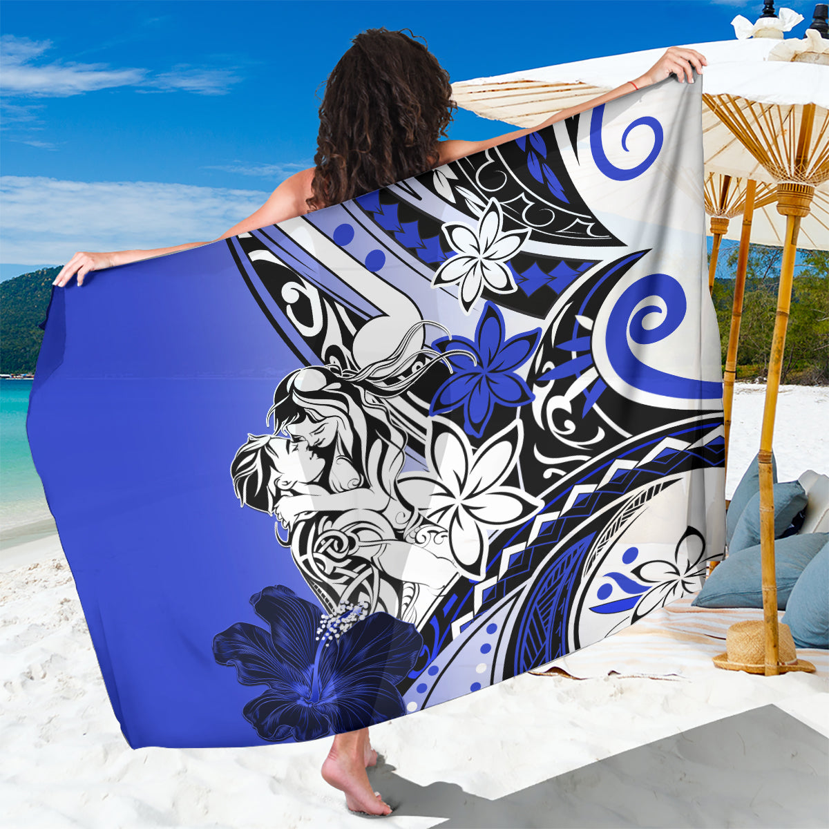 Polynesian Valentine Sarong Couple Floral Unique Blue Version LT01 One Size 44 x 66 inches Blue - Polynesian Pride