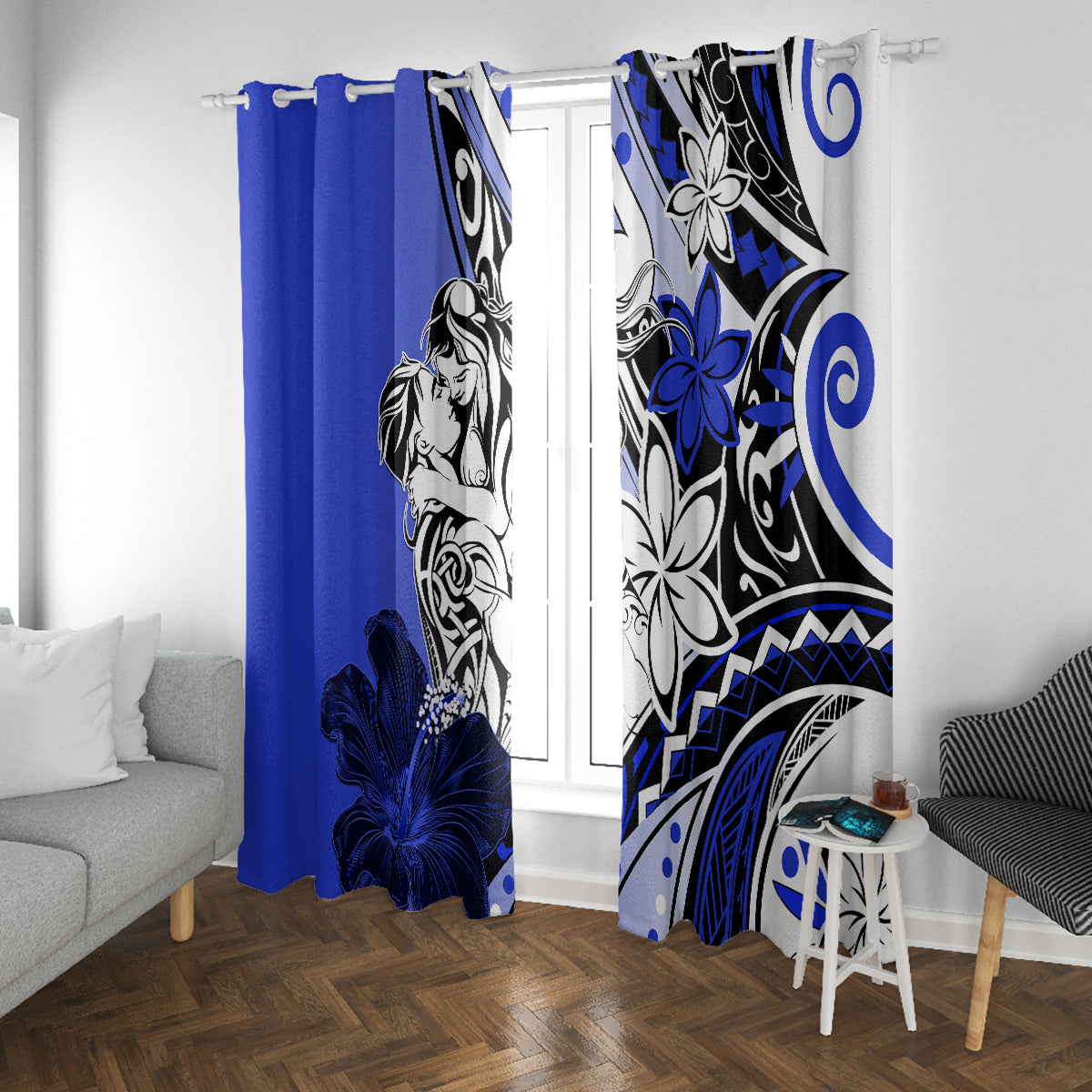 Polynesian Valentine Window Curtain Couple Floral Unique Blue Version LT01 With Grommets Blue - Polynesian Pride