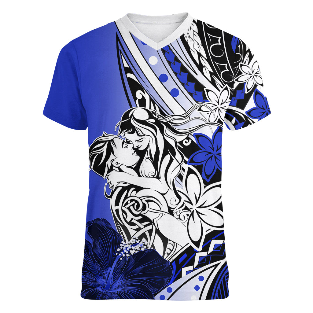 Polynesian Valentine Women V Neck T Shirt Couple Floral Unique Blue Version LT01 Female Blue - Polynesian Pride