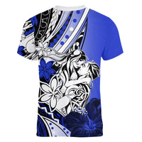 Polynesian Valentine Women V Neck T Shirt Couple Floral Unique Blue Version LT01 - Polynesian Pride