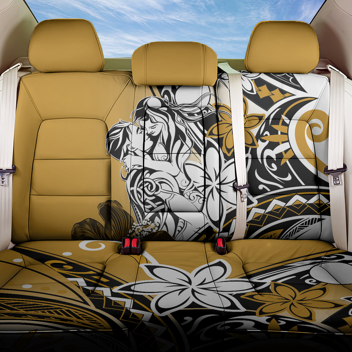 Polynesian Valentine Back Car Seat Cover Couple Floral Unique Gold Version LT01 One Size Gold - Polynesian Pride