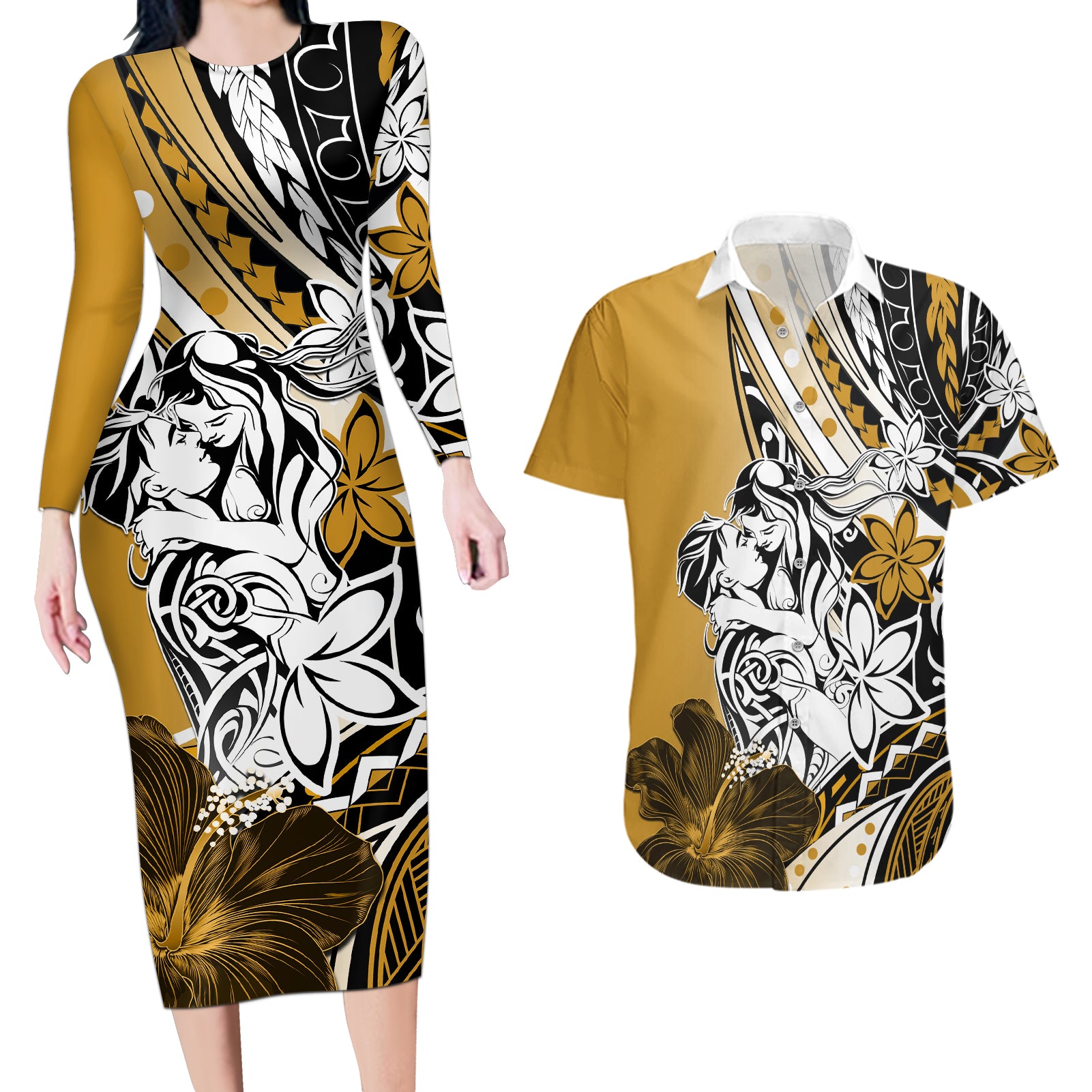 Polynesian Valentine Couples Matching Long Sleeve Bodycon Dress and Hawaiian Shirt Couple Floral Unique Gold Version LT01 Gold - Polynesian Pride