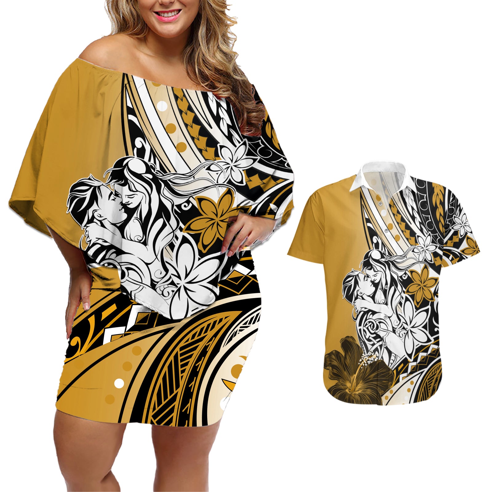 Polynesian Valentine Couples Matching Off Shoulder Short Dress and Hawaiian Shirt Couple Floral Unique Gold Version LT01 Gold - Polynesian Pride