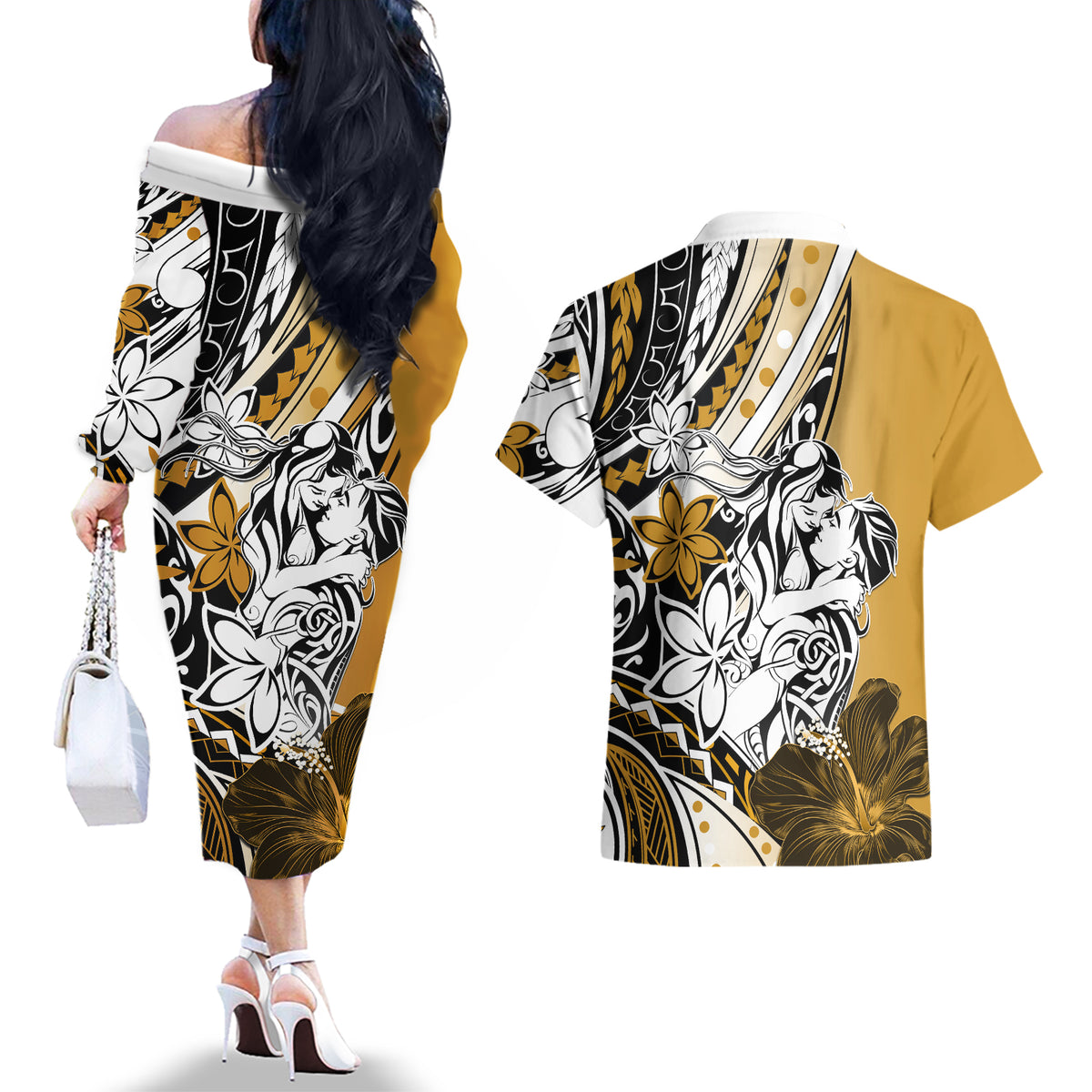 Polynesian Valentine Couples Matching Off The Shoulder Long Sleeve Dress and Hawaiian Shirt Couple Floral Unique Gold Version LT01 - Polynesian Pride