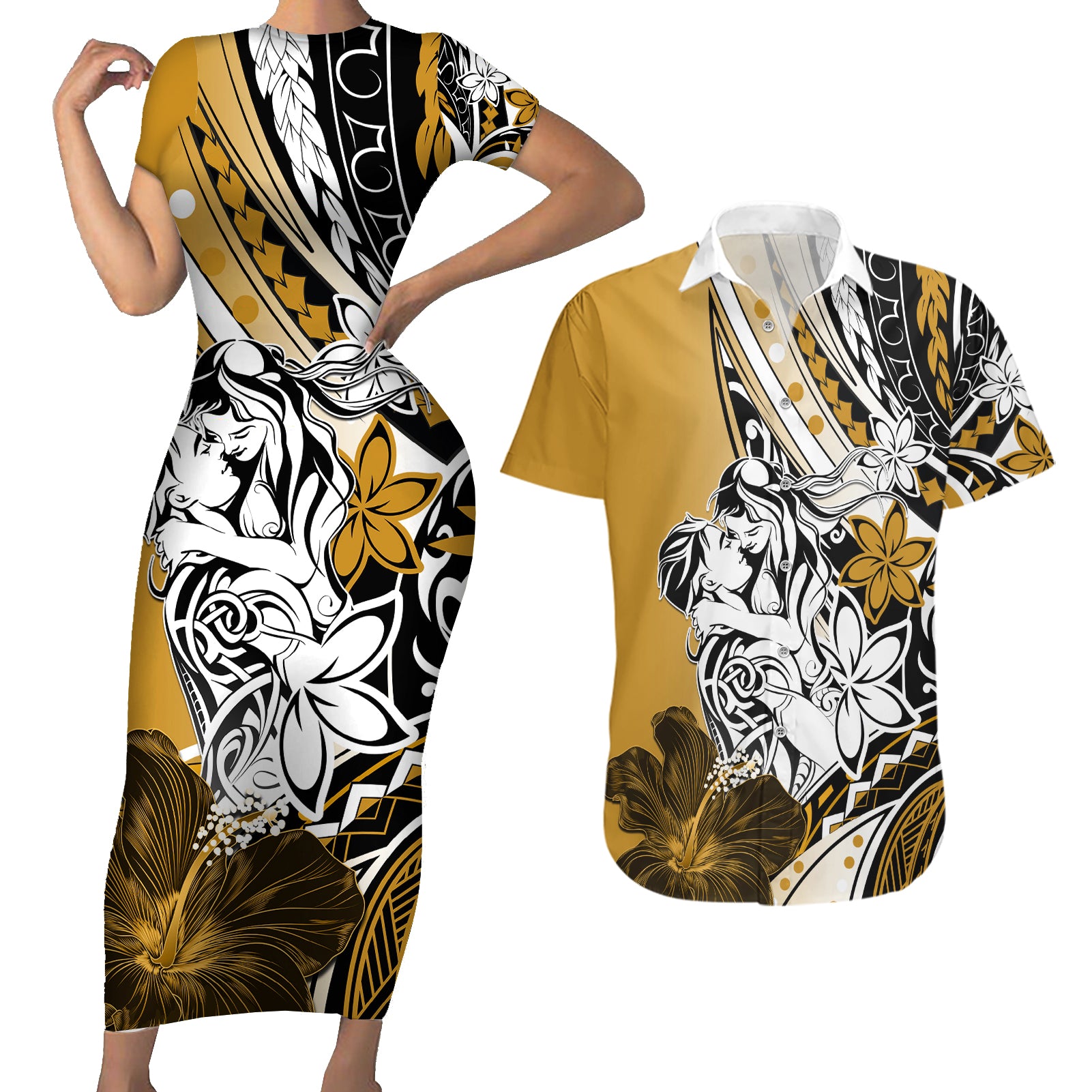 Polynesian Valentine Couples Matching Short Sleeve Bodycon Dress and Hawaiian Shirt Couple Floral Unique Gold Version LT01 Gold - Polynesian Pride