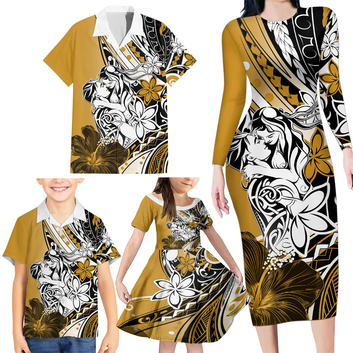 Polynesian Valentine Family Matching Long Sleeve Bodycon Dress and Hawaiian Shirt Couple Floral Unique Gold Version LT01 - Polynesian Pride