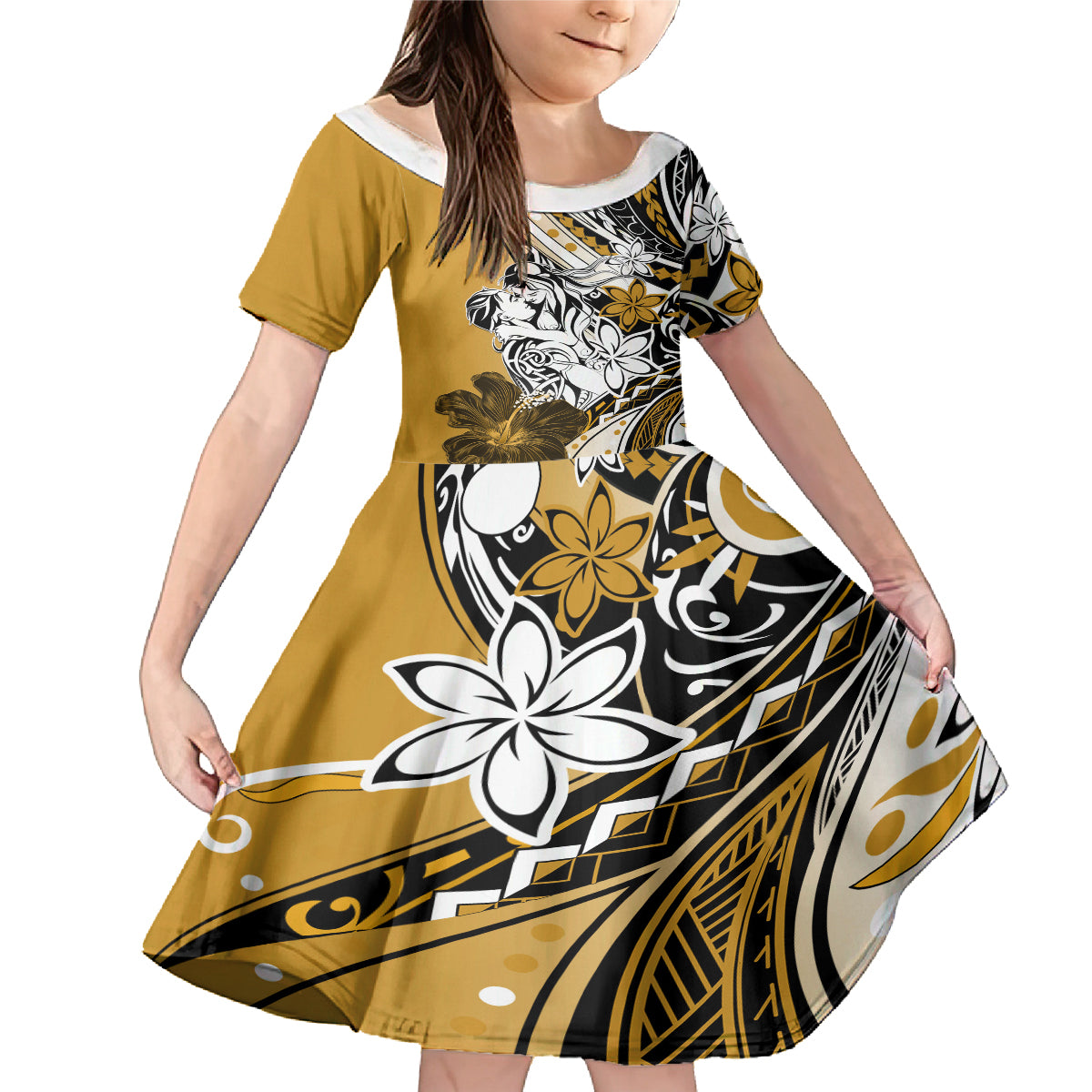 Polynesian Valentine Family Matching Mermaid Dress and Hawaiian Shirt Couple Floral Unique Gold Version LT01 Daughter's Dress Gold - Polynesian Pride