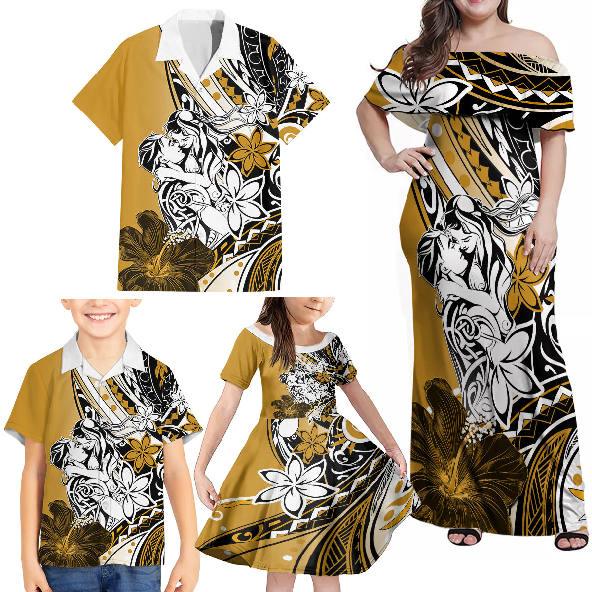 Polynesian Valentine Family Matching Off Shoulder Maxi Dress and Hawaiian Shirt Couple Floral Unique Gold Version LT01 - Polynesian Pride