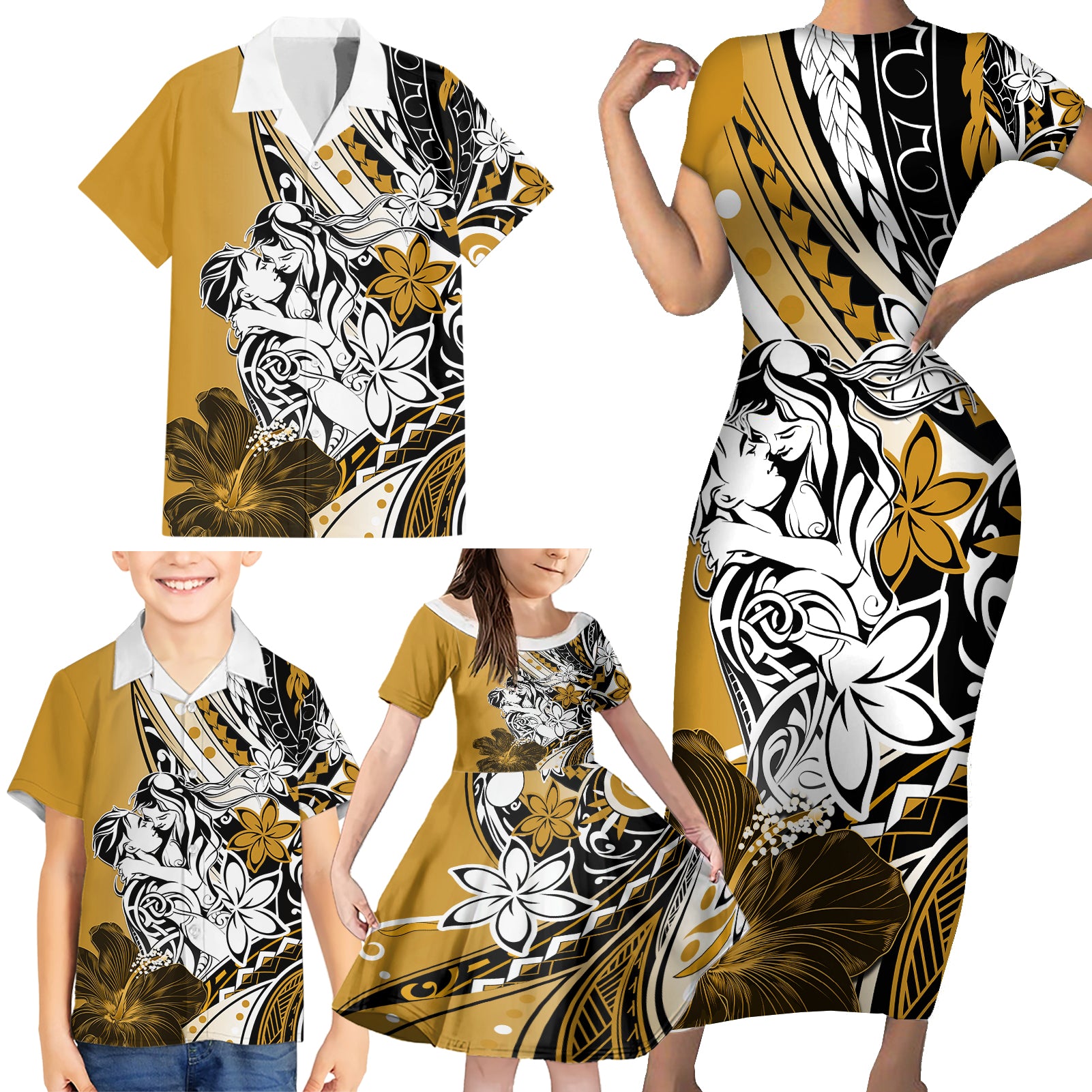 Polynesian Valentine Family Matching Short Sleeve Bodycon Dress and Hawaiian Shirt Couple Floral Unique Gold Version LT01 - Polynesian Pride