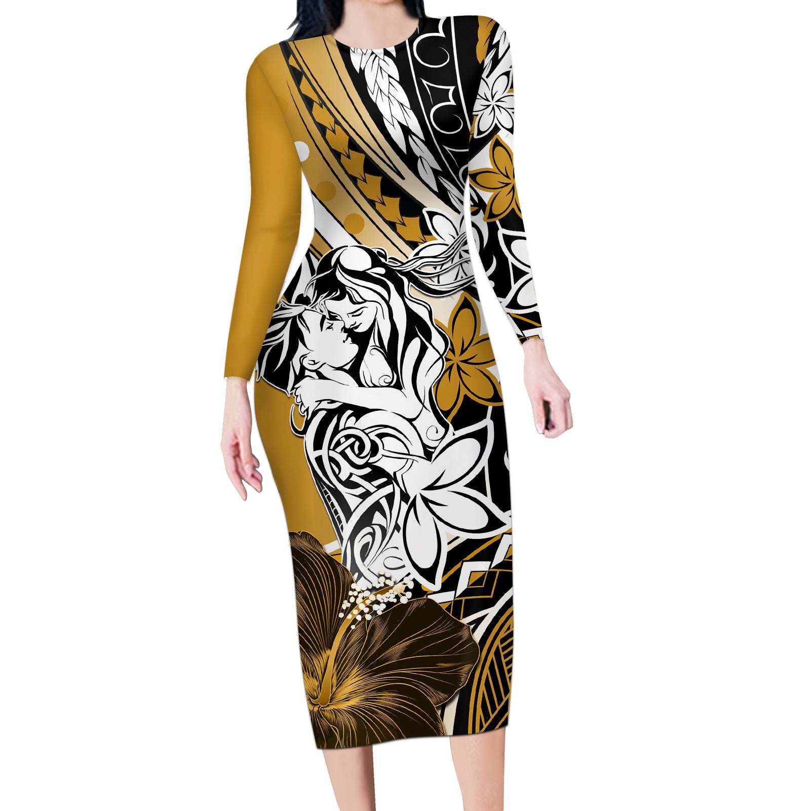 Polynesian Valentine Long Sleeve Bodycon Dress Couple Floral Unique Gold Version LT01 Long Dress Gold - Polynesian Pride