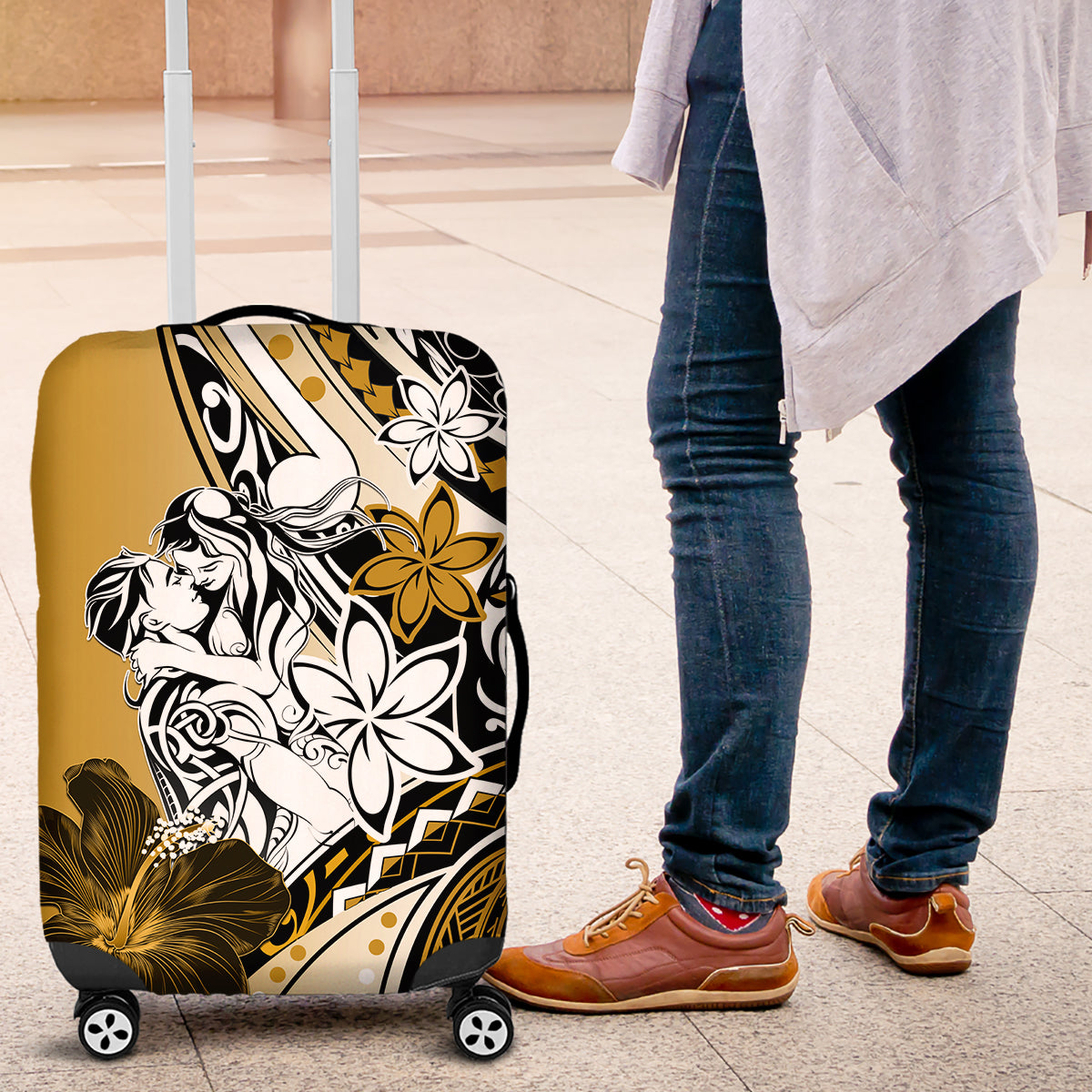 Polynesian Valentine Luggage Cover Couple Floral Unique Gold Version LT01 Gold - Polynesian Pride
