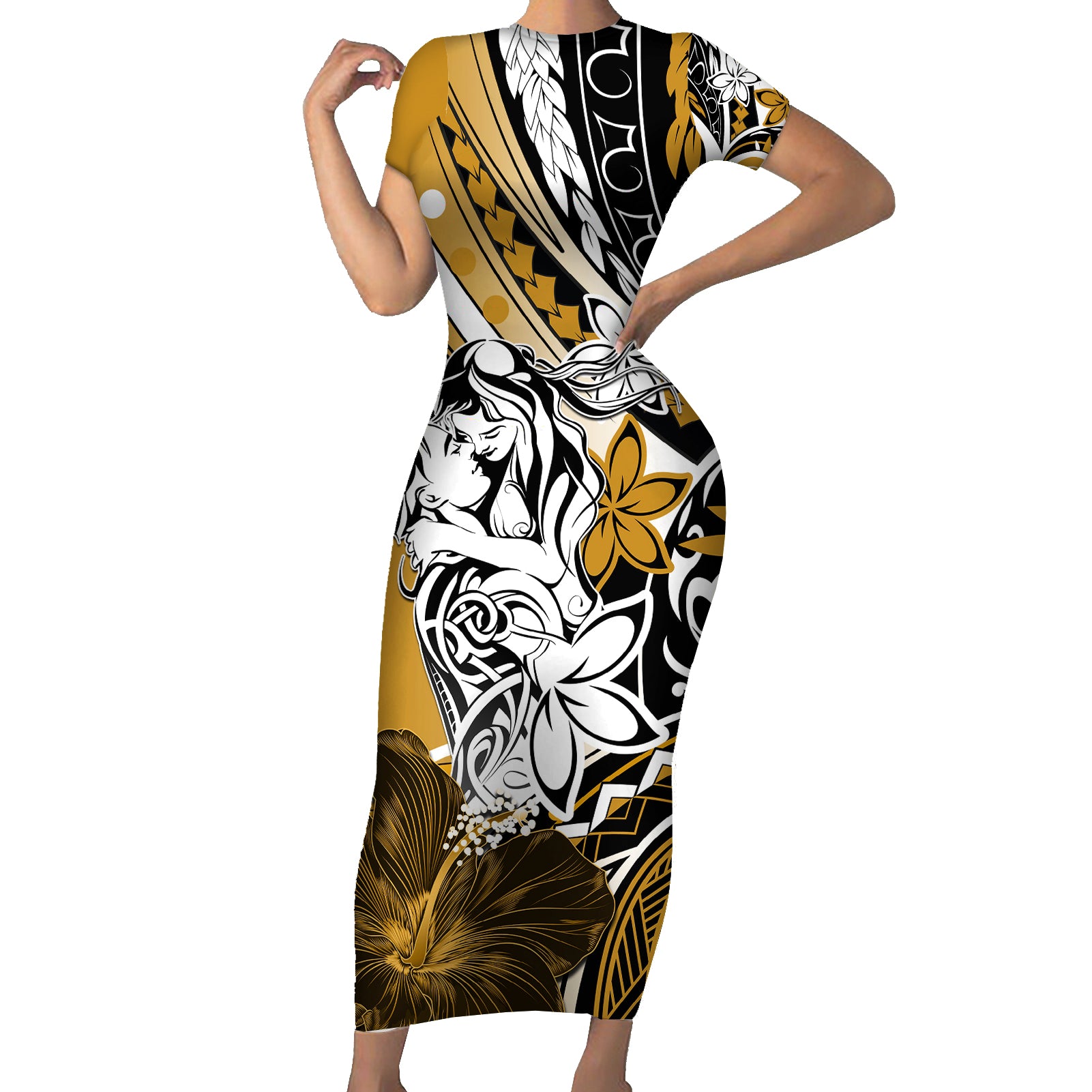 Polynesian Valentine Short Sleeve Bodycon Dress Couple Floral Unique Gold Version LT01 Long Dress Gold - Polynesian Pride