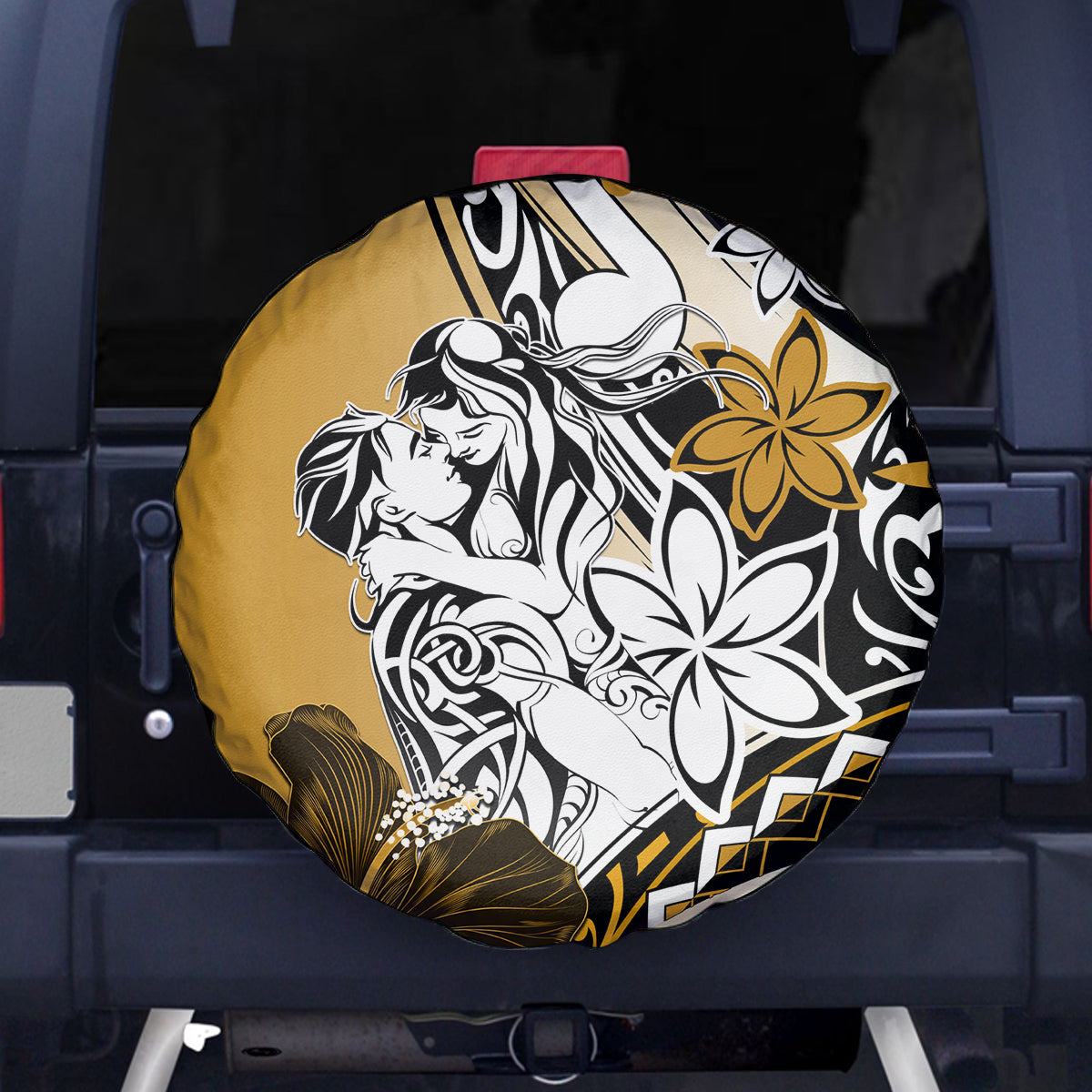 Polynesian Valentine Spare Tire Cover Couple Floral Unique Gold Version LT01 Gold - Polynesian Pride