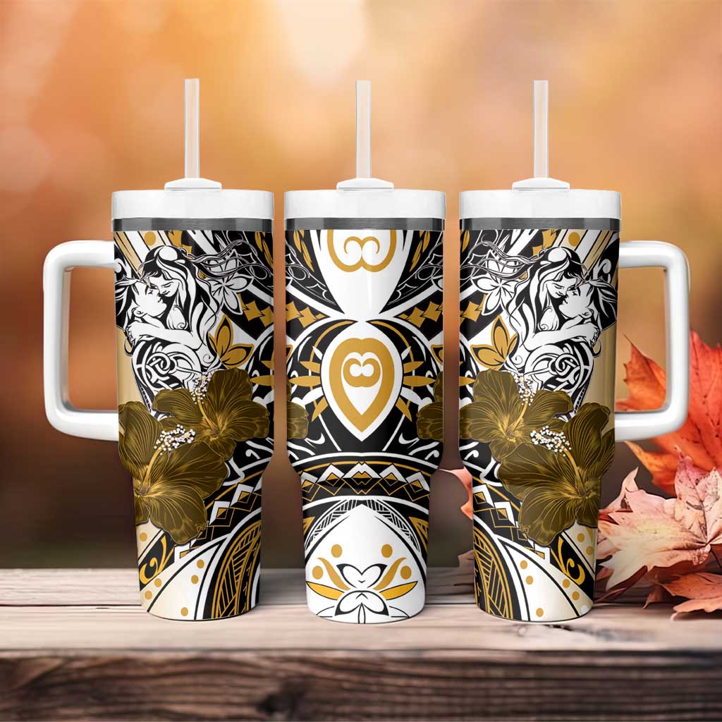 Polynesian Valentine Tumbler With Handle Couple Floral Unique Gold Version LT01 - Polynesian Pride