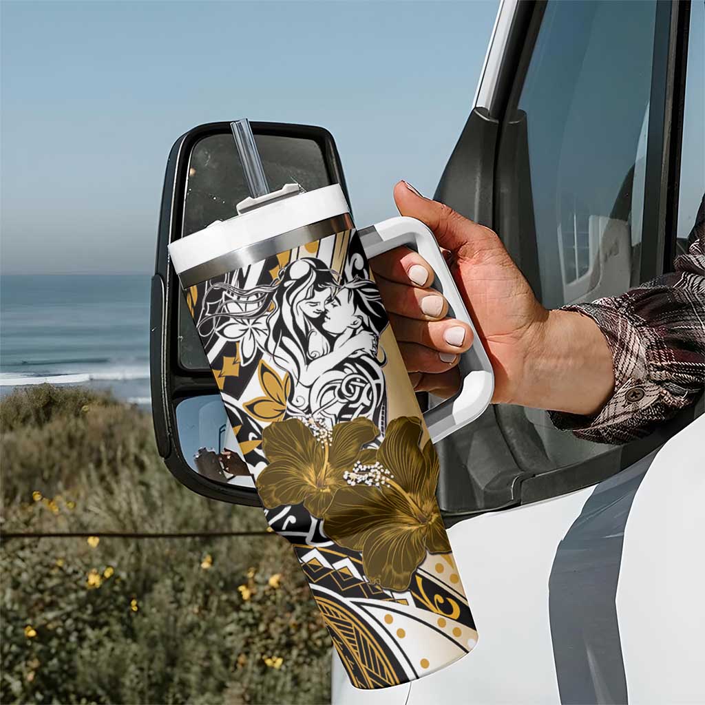 Polynesian Valentine Tumbler With Handle Couple Floral Unique Gold Version LT01 - Polynesian Pride