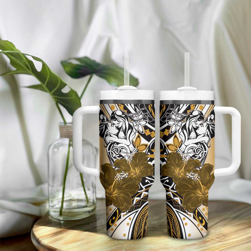 Polynesian Valentine Tumbler With Handle Couple Floral Unique Gold Version LT01 - Polynesian Pride