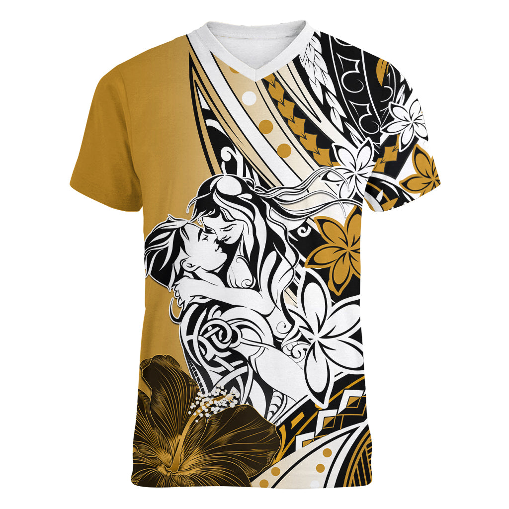 Polynesian Valentine Women V Neck T Shirt Couple Floral Unique Gold Version LT01 Female Gold - Polynesian Pride