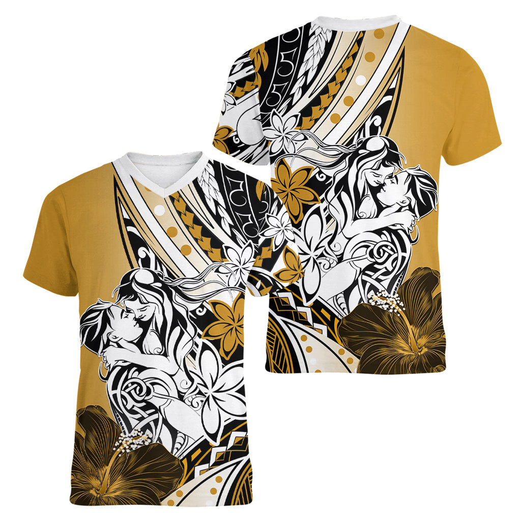 Polynesian Valentine Women V Neck T Shirt Couple Floral Unique Gold Version LT01 - Polynesian Pride