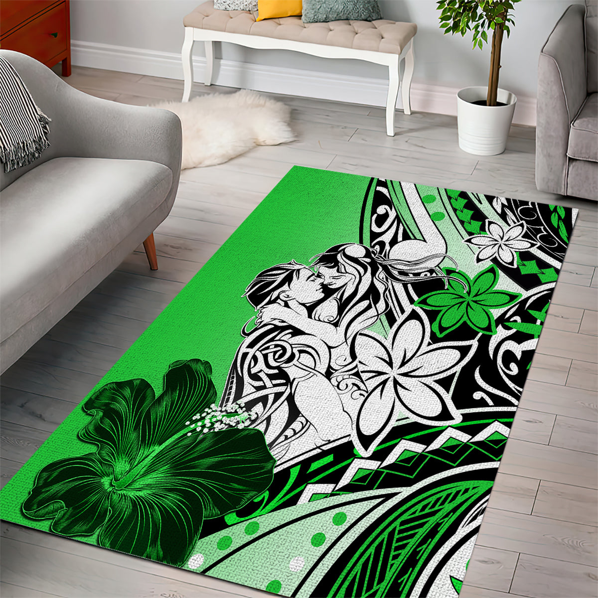 Polynesian Valentine Area Rug Couple Floral Unique Green Version LT01 - Polynesian Pride