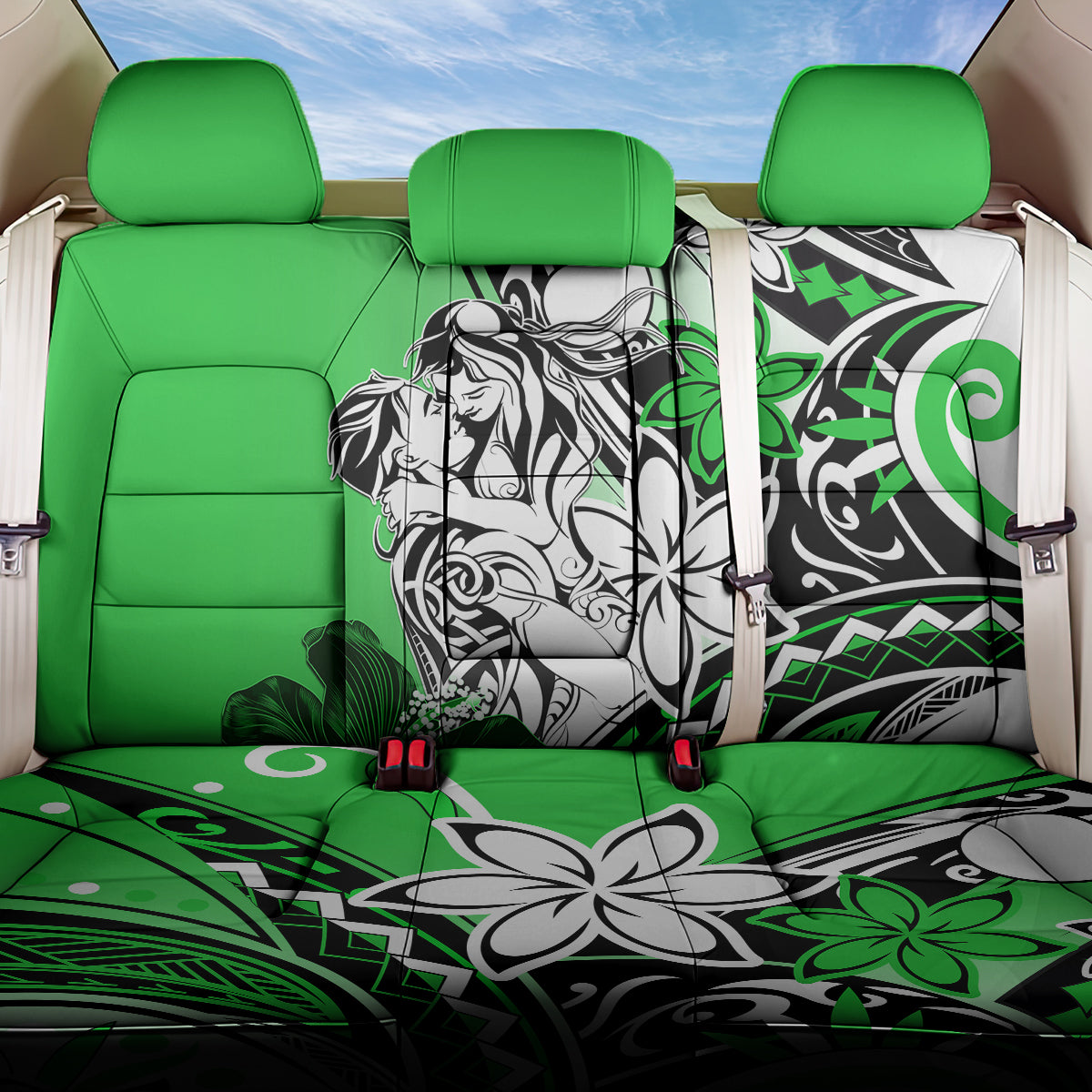 Polynesian Valentine Back Car Seat Cover Couple Floral Unique Green Version LT01 One Size Green - Polynesian Pride