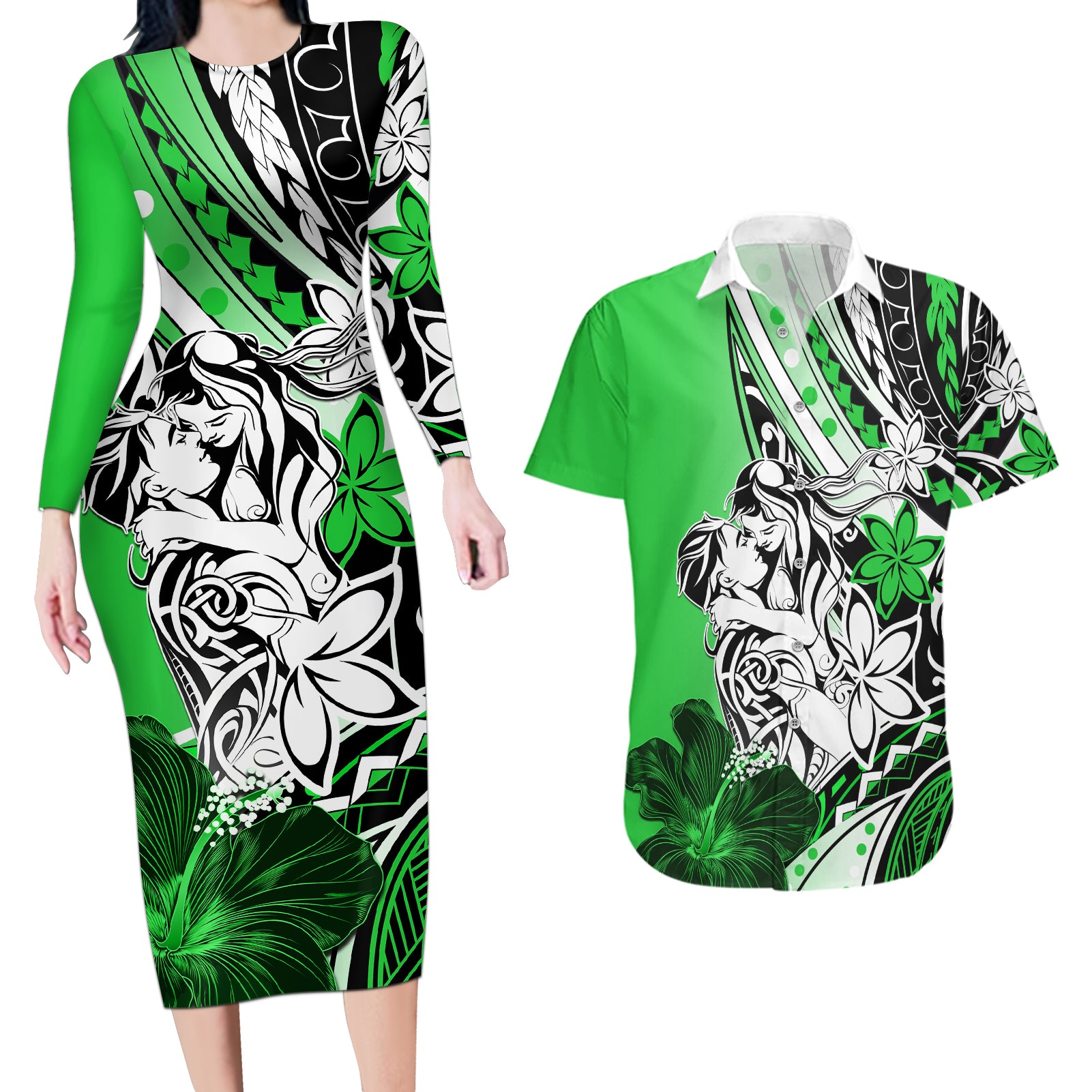 Polynesian Valentine Couples Matching Long Sleeve Bodycon Dress and Hawaiian Shirt Couple Floral Unique Green Version LT01 Green - Polynesian Pride