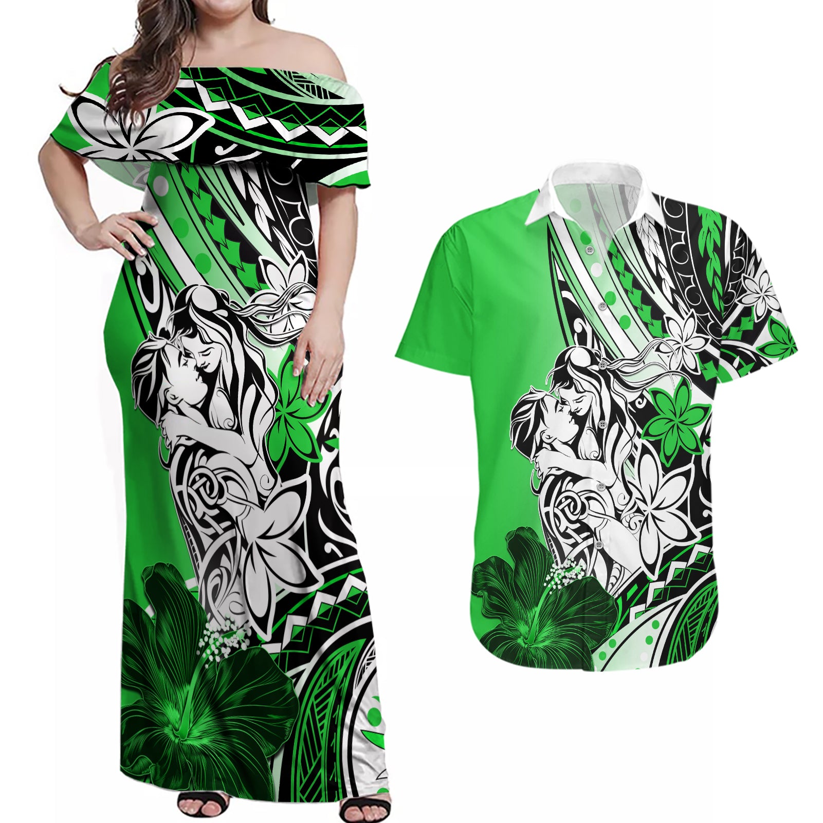 Polynesian Valentine Couples Matching Off Shoulder Maxi Dress and Hawaiian Shirt Couple Floral Unique Green Version LT01 Green - Polynesian Pride