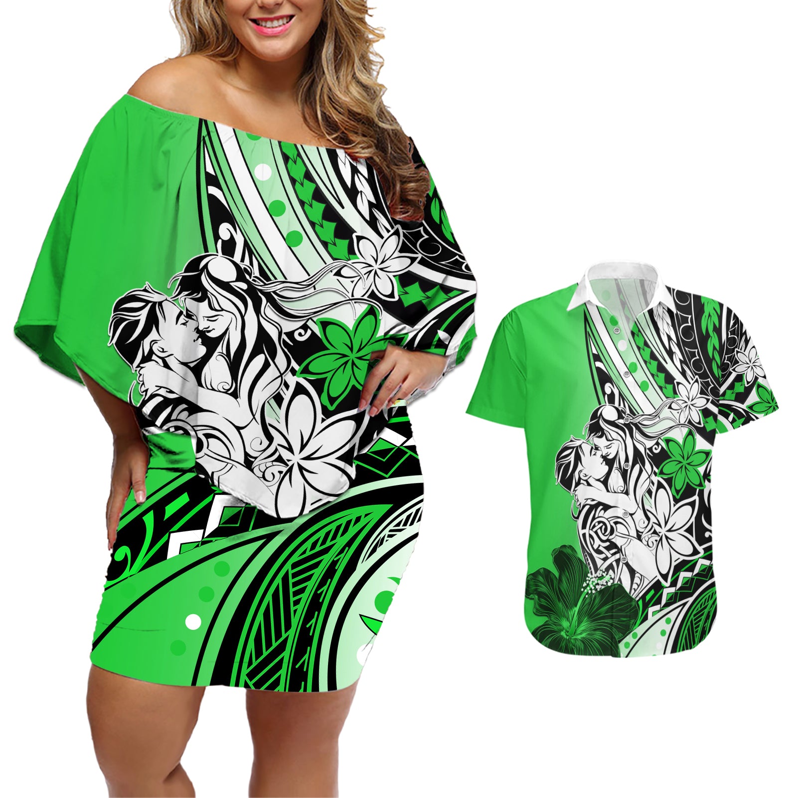 Polynesian Valentine Couples Matching Off Shoulder Short Dress and Hawaiian Shirt Couple Floral Unique Green Version LT01 Green - Polynesian Pride