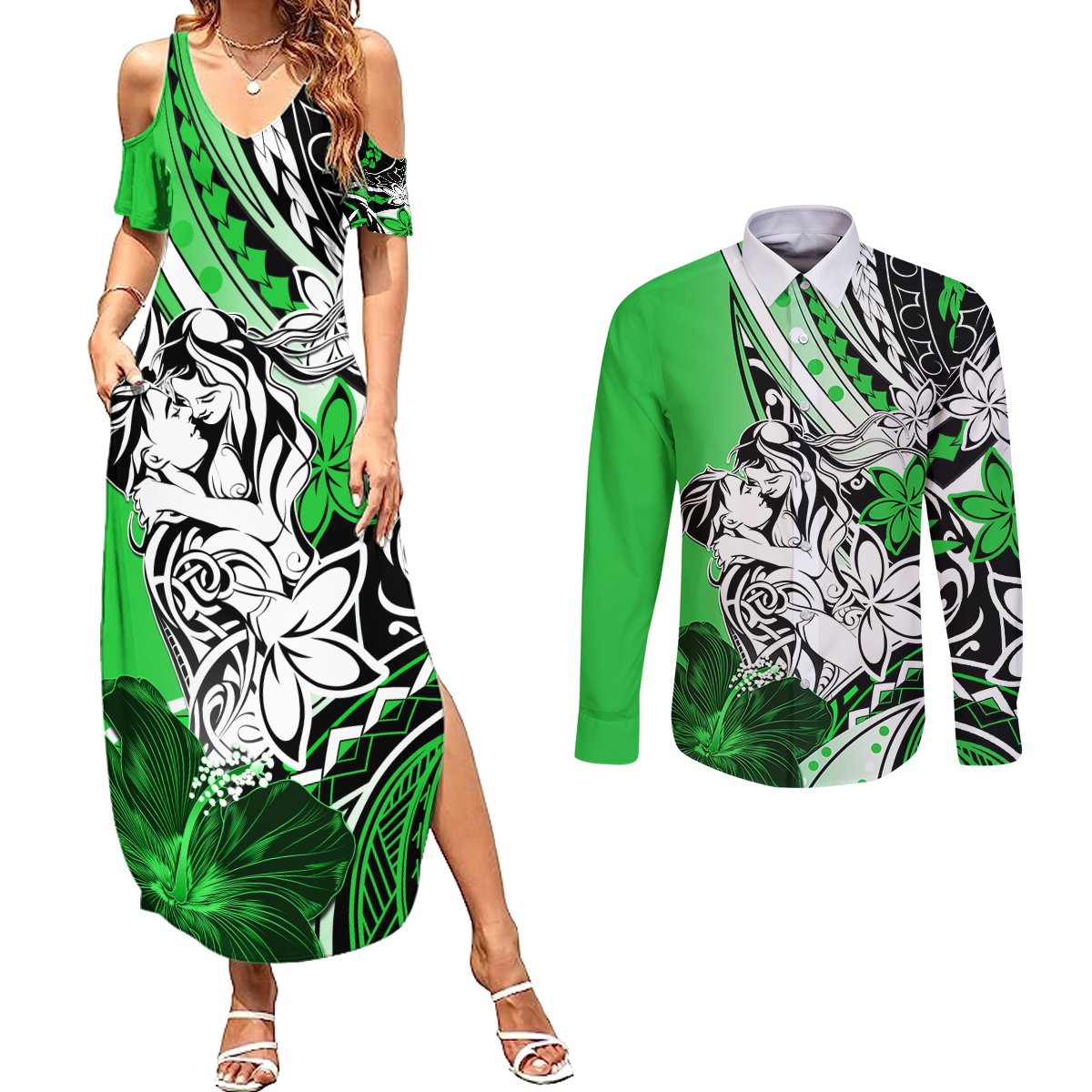 Polynesian Valentine Couples Matching Summer Maxi Dress and Long Sleeve Button Shirt Couple Floral Unique Green Version LT01 Green - Polynesian Pride