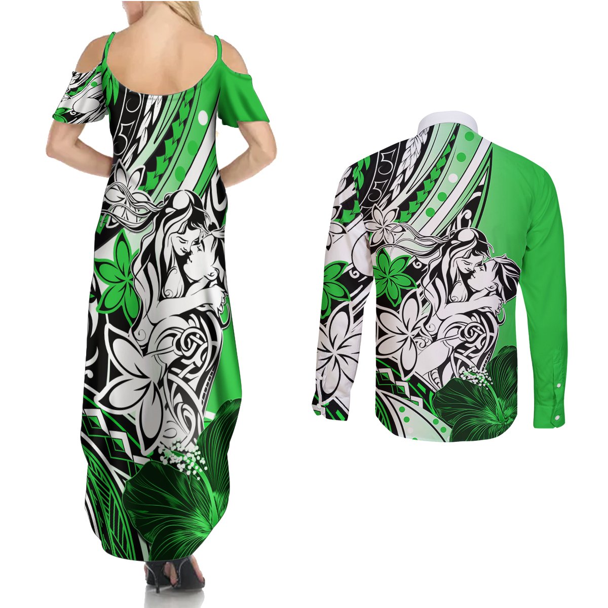 Polynesian Valentine Couples Matching Summer Maxi Dress and Long Sleeve Button Shirt Couple Floral Unique Green Version LT01 - Polynesian Pride