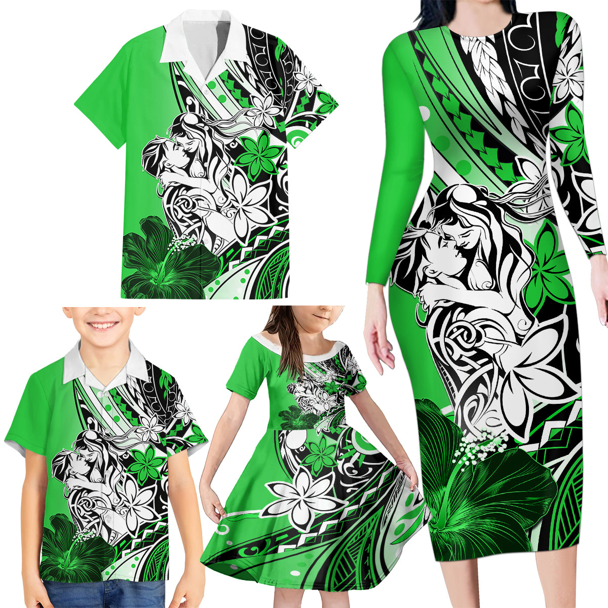 Polynesian Valentine Family Matching Long Sleeve Bodycon Dress and Hawaiian Shirt Couple Floral Unique Green Version LT01 - Polynesian Pride