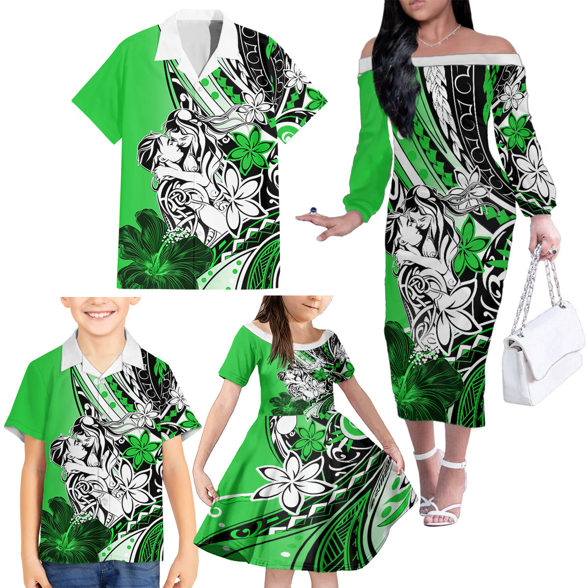 Polynesian Valentine Family Matching Off Shoulder Long Sleeve Dress and Hawaiian Shirt Couple Floral Unique Green Version LT01 - Polynesian Pride