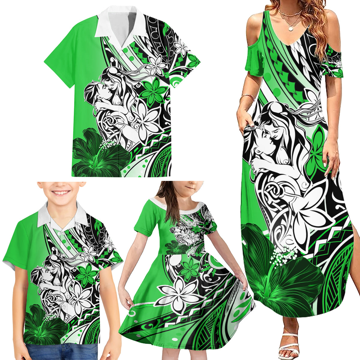 Polynesian Valentine Family Matching Summer Maxi Dress and Hawaiian Shirt Couple Floral Unique Green Version LT01 - Polynesian Pride