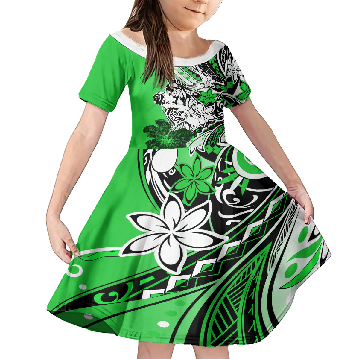 Polynesian Valentine Family Matching Tank Maxi Dress and Hawaiian Shirt Couple Floral Unique Green Version LT01 Daughter's Dress Green - Polynesian Pride