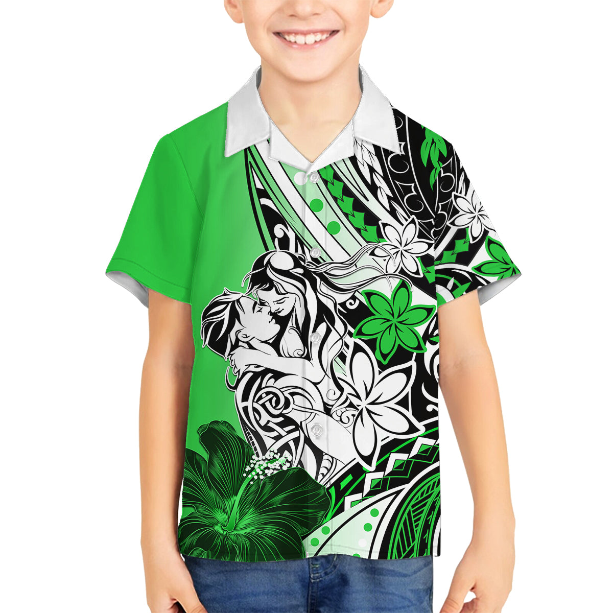 Polynesian Valentine Family Matching Tank Maxi Dress and Hawaiian Shirt Couple Floral Unique Green Version LT01 Son's Shirt Green - Polynesian Pride