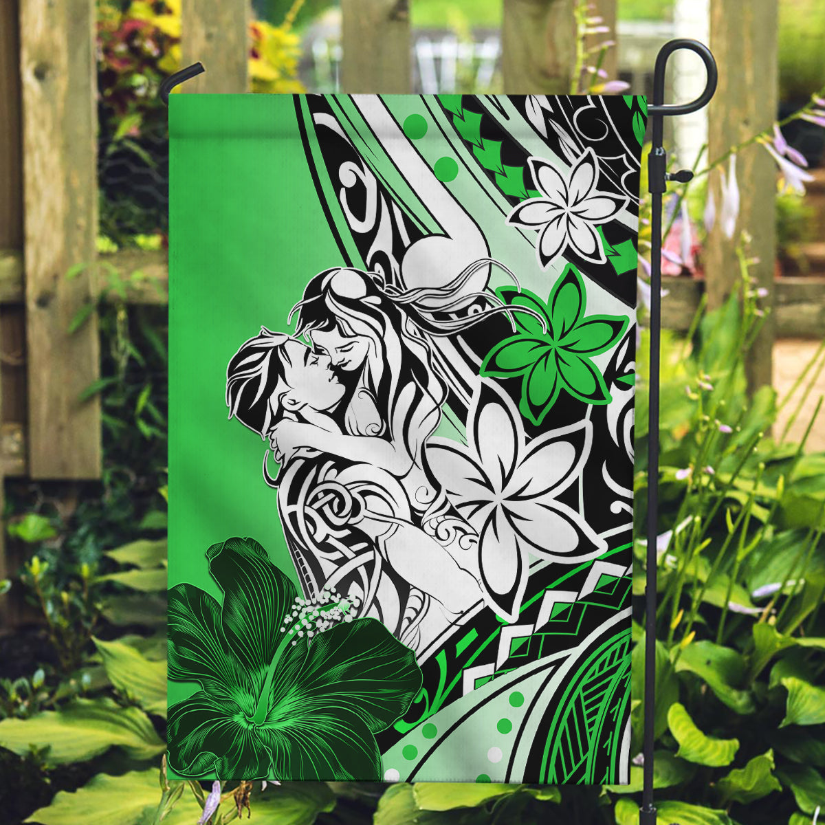 Polynesian Valentine Garden Flag Couple Floral Unique Green Version LT01 Garden Flag Green - Polynesian Pride