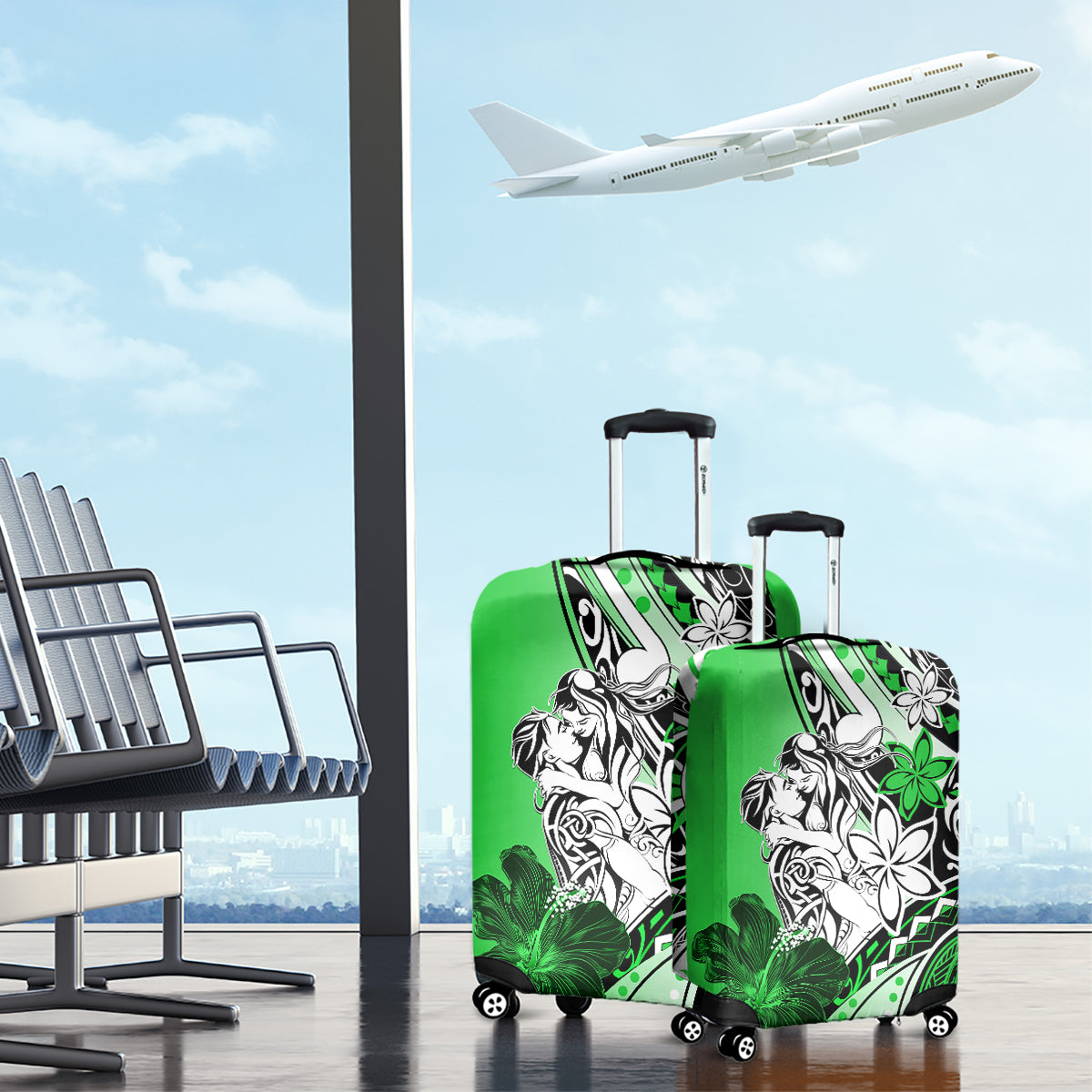 Polynesian Valentine Luggage Cover Couple Floral Unique Green Version LT01 - Polynesian Pride