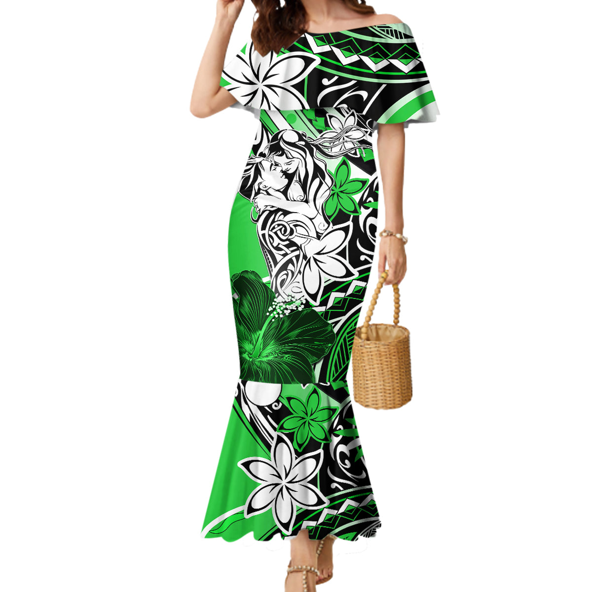 Polynesian Valentine Mermaid Dress Couple Floral Unique Green Version LT01 Women Green - Polynesian Pride