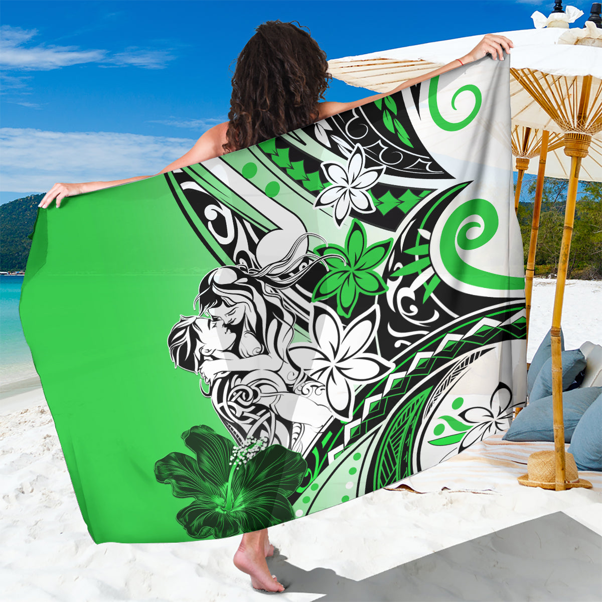 Polynesian Valentine Sarong Couple Floral Unique Green Version LT01 One Size 44 x 66 inches Green - Polynesian Pride