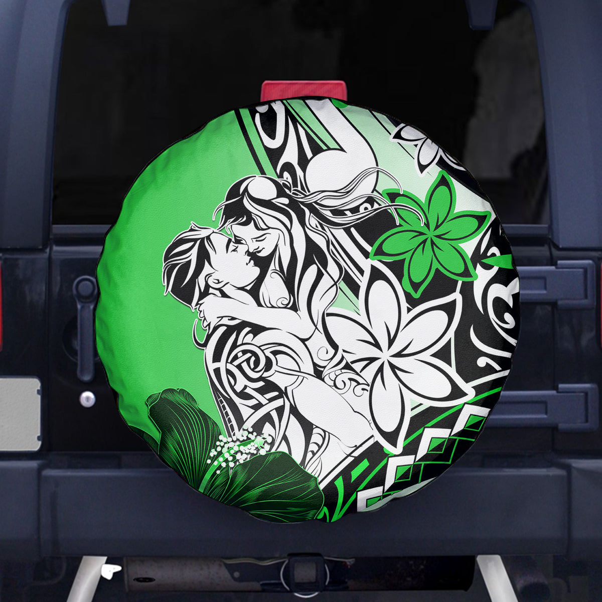 Polynesian Valentine Spare Tire Cover Couple Floral Unique Green Version LT01 Green - Polynesian Pride